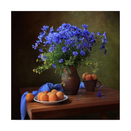 Tatyana Skorokhod 'Still Life With A Bouquet Of Cornflowers And Apricots' Canvas Art,18x18